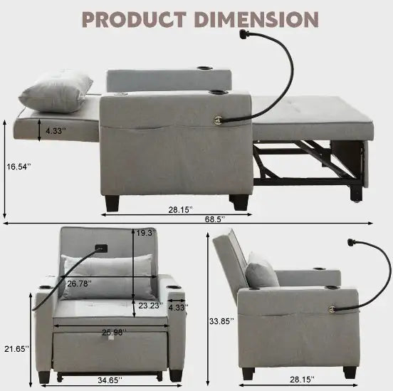 Futon Chair Convertible Bed, 3-in-1 Pull Out Sleeper