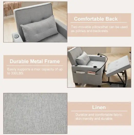 Futon Chair Convertible Bed, 3-in-1 Pull Out Sleeper