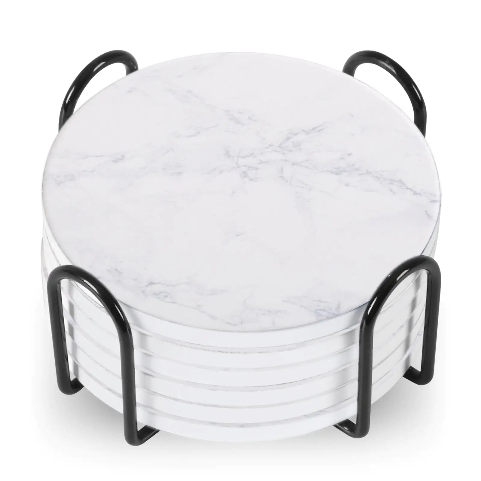 Set Of 6 Beverage Coasters with Stand, Round 4in