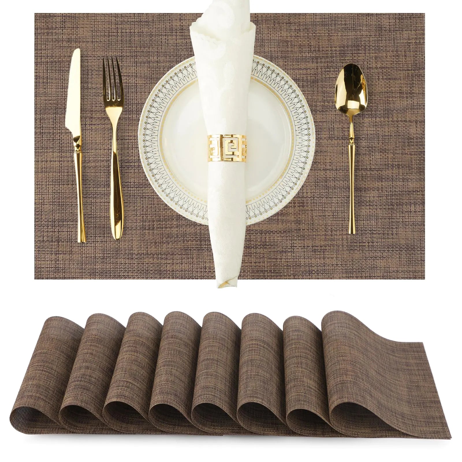 Heat-Resistant Brown Woven Placemats 8-Pack