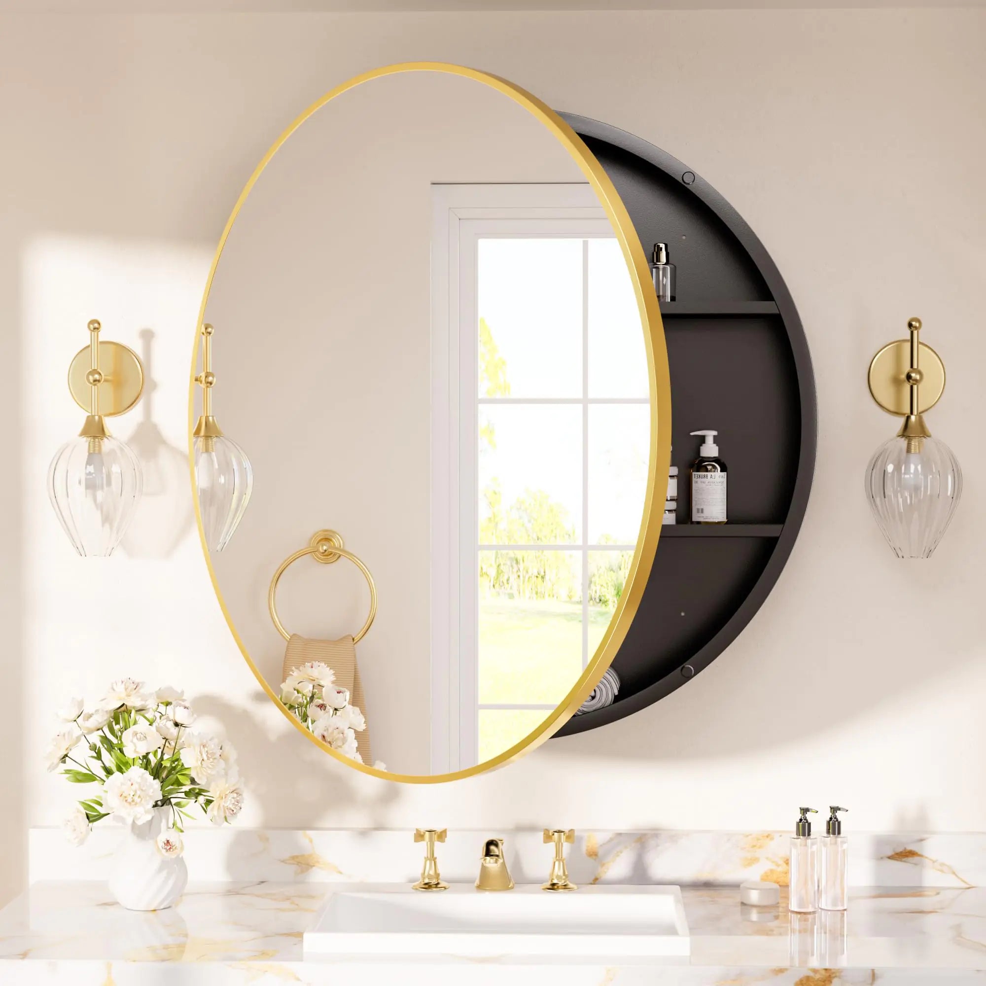 TETOTE Gold Round Bathroom Medicine Cabinet with Mirror 30 x 30