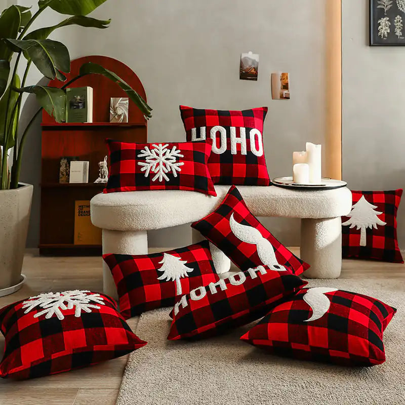 Christmas Red Black Plaid Embroidered Cushion Cover