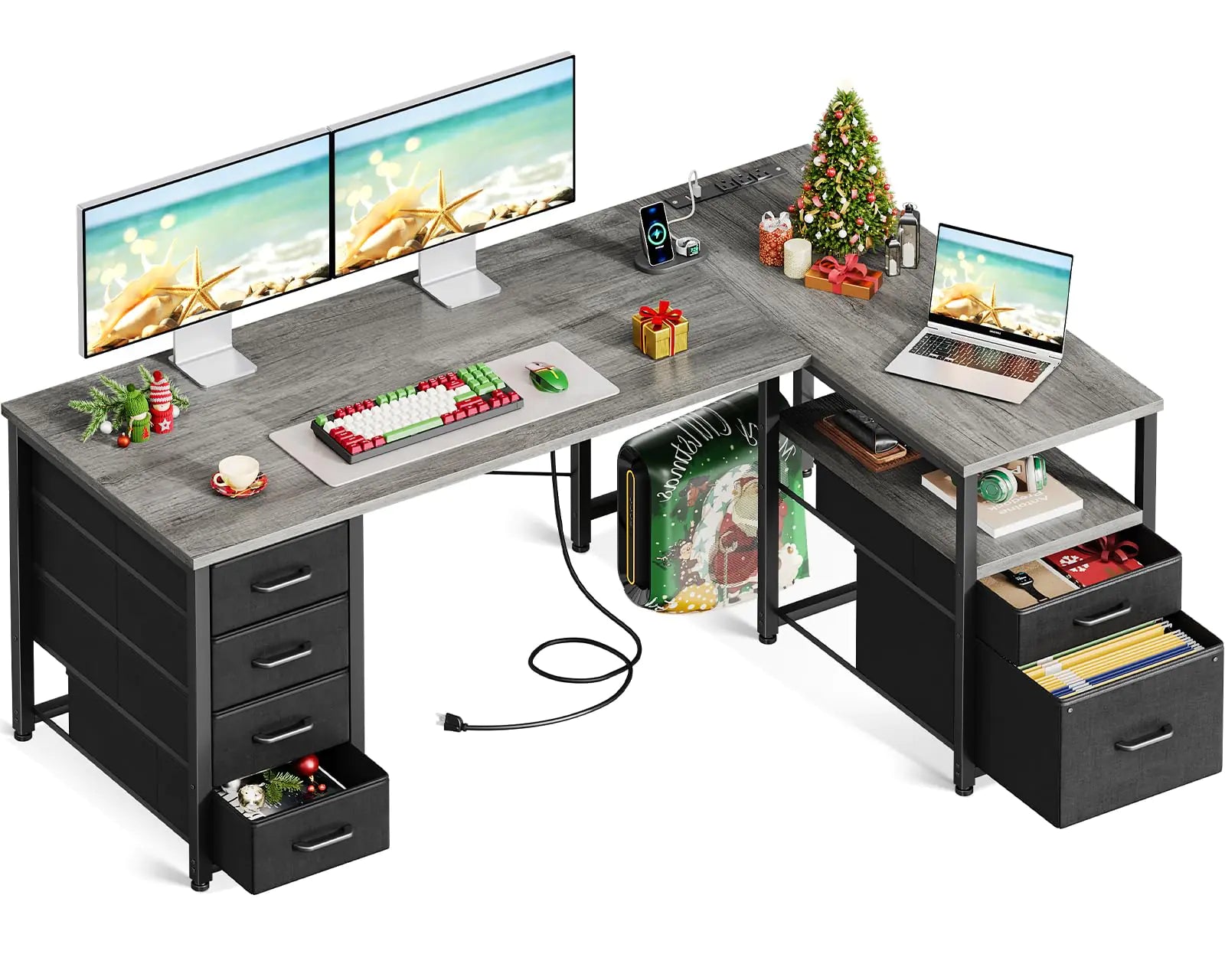 Coleshome L Shaped Computer Desk with 6 Drawers & Power Outlet