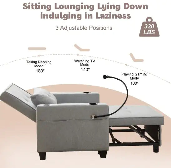 Futon Chair Convertible Bed, 3-in-1 Pull Out Sleeper