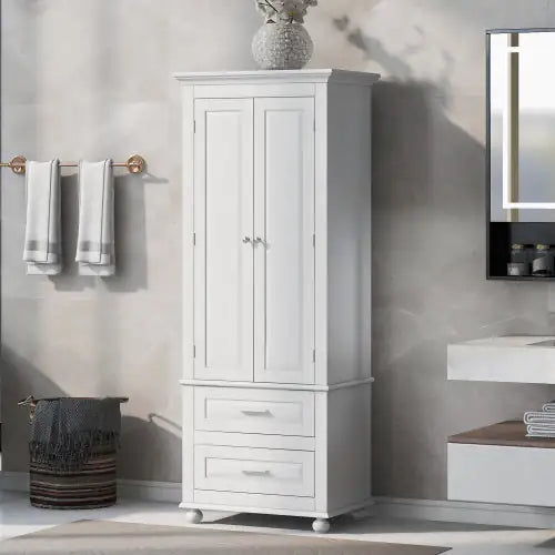 High Storage Cabinet With Two Drawers, White