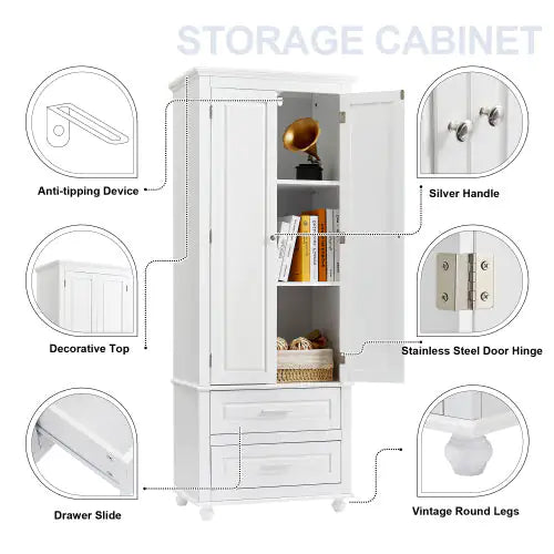 High Storage Cabinet With Two Drawers, White