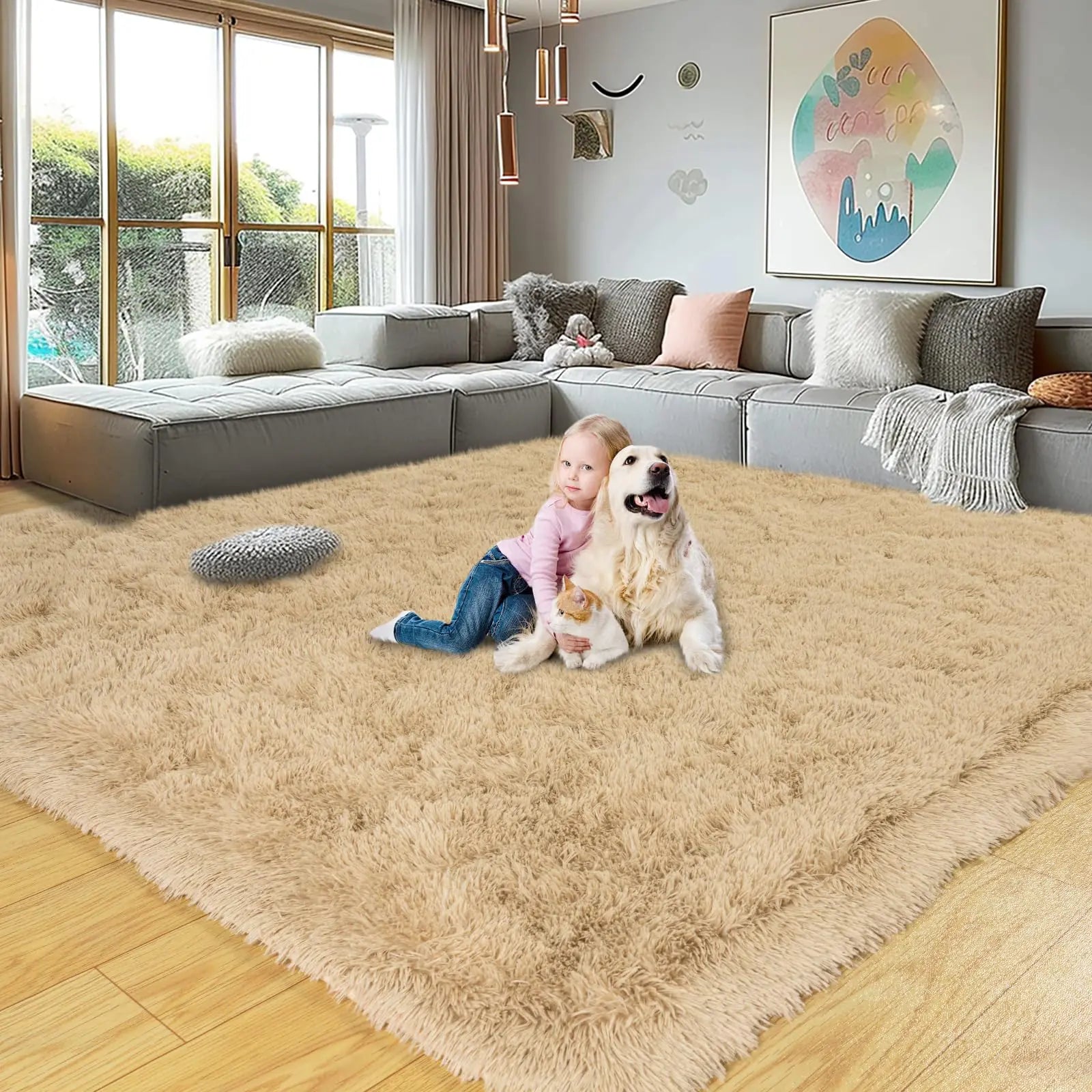 KING DARE Plush Beige 6x9 Area Rug for Living Room