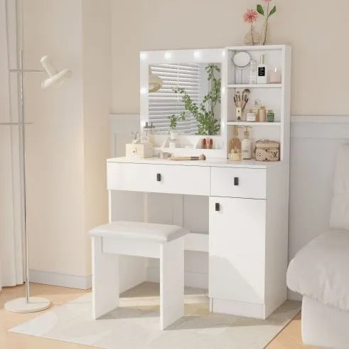 Vanity Desk With Lights, Vanity Set With Mirror, Makeup Vanity Desk With Large Drawers Three Level Storage Dreeser, VanitysVanities With 3 Lights Brightness Adjustable For Bedroom, White