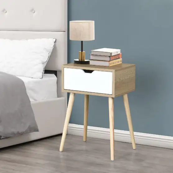 Side Table With 1 Drawer And Rubber Wood Legs, Mid-Century Modern Storage Cabinet For Bedroom Living Room Furniture