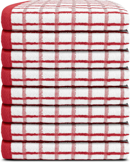 Premium Dish Towels with Hanging Loop 8 Pack 16x26 inch Red Color