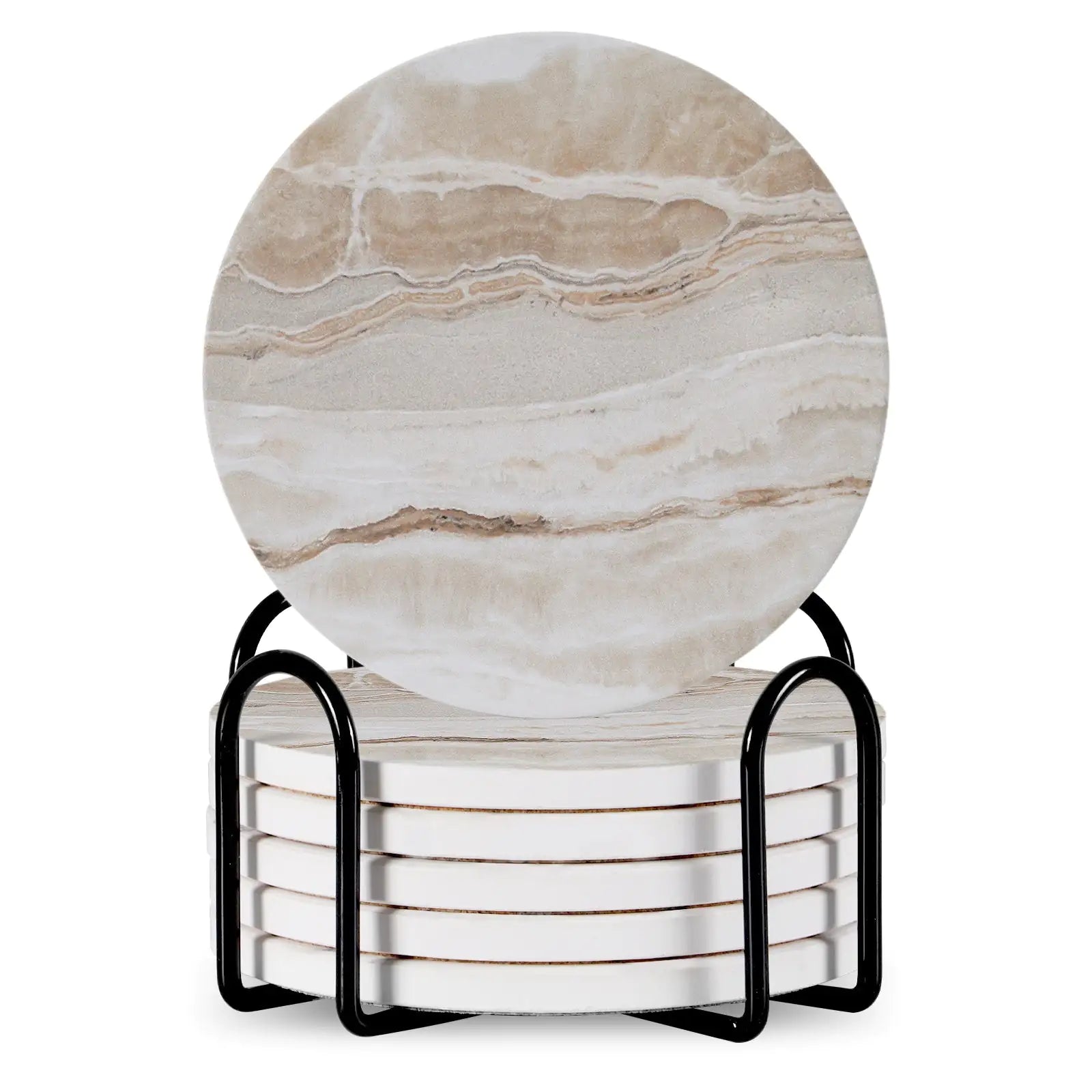 Set Of 6 Beverage Coasters with Stand, Round 4in