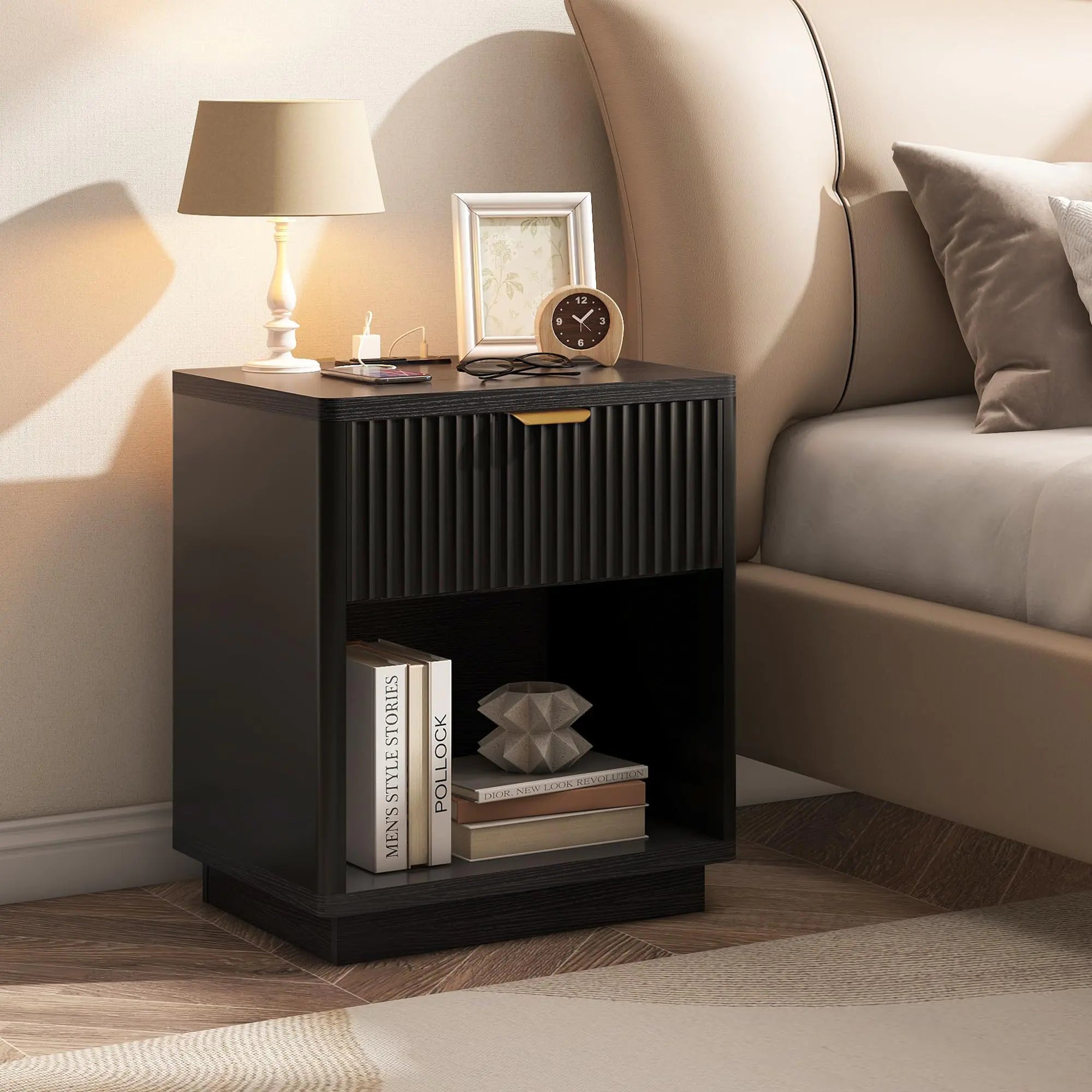 Nasonet Fluted Nightstand With Charging Station