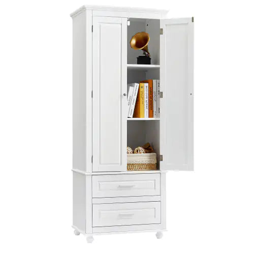 High Storage Cabinet With Two Drawers, White