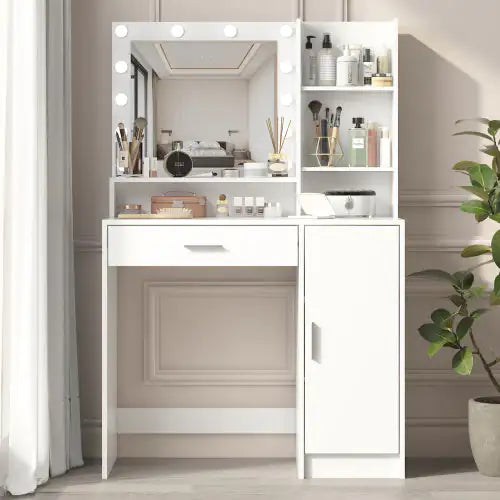 Vanity Desk With Mirror Light, Three Level Storage Dresser