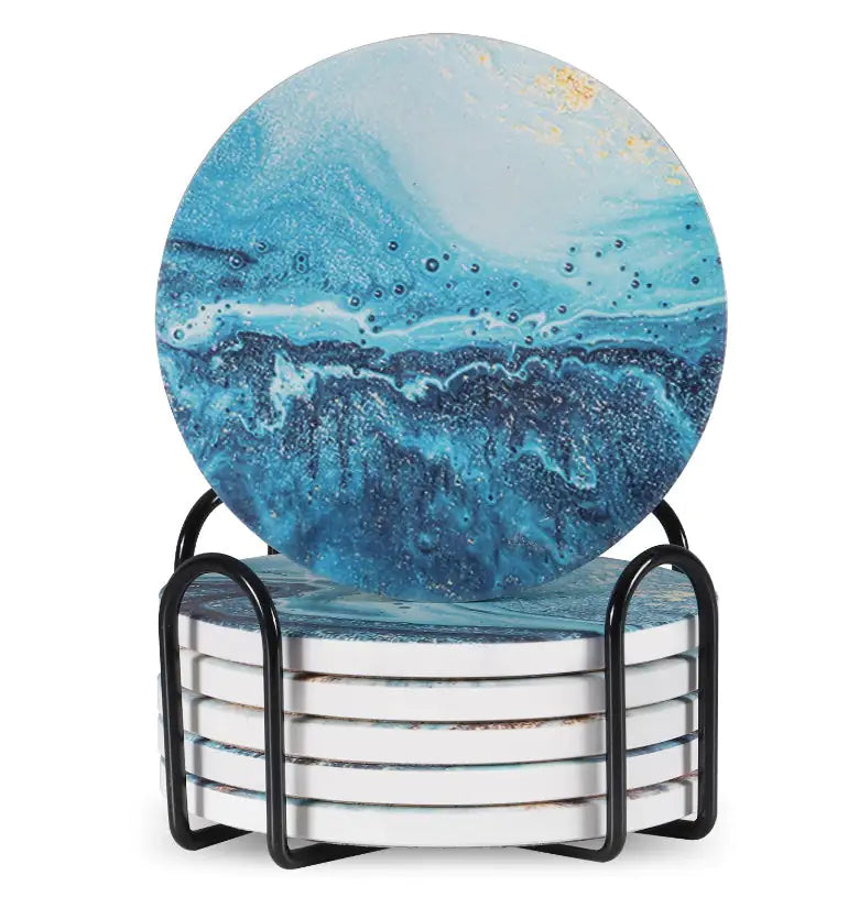 Set Of 6 Beverage Coasters with Stand, Round 4in