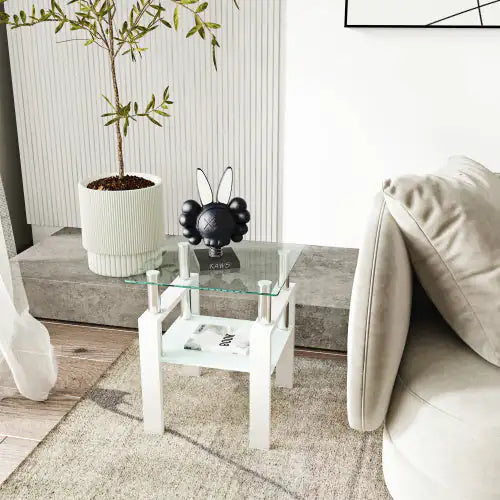 1-Piece Modern Tempered Glass Tea Table Coffee Table End Table, Square Table For Living Room, Transparent White