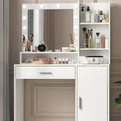Vanity Desk With Mirror Light, Three Level Storage Dresser