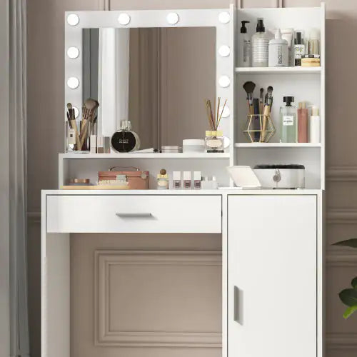 Vanity Desk With Mirror Light, Three Level Storage Dresser