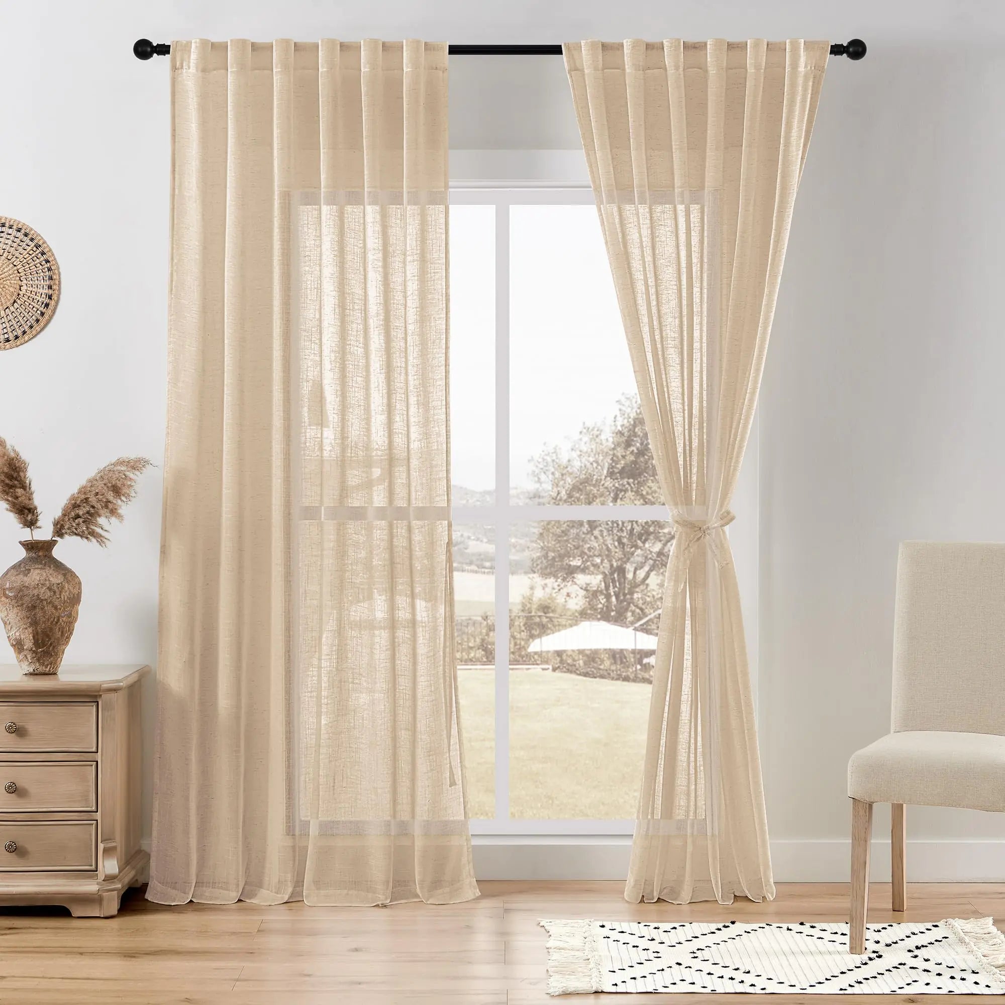 DWCN Sheer Curtains Rod Pocket & Back Tab Linen Set of 2