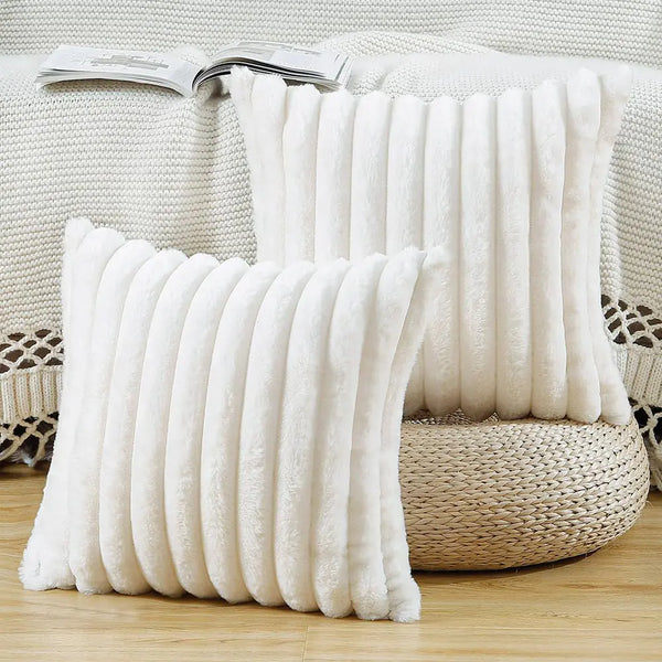 MADIZZ Set of 2 Faux Wool Plush Decorative Throw Pillow Covers 26x26 Inch Cream Fluffy Striped Soft Decorative Cushion Cover for Sofa Bedroom Pillow Shell