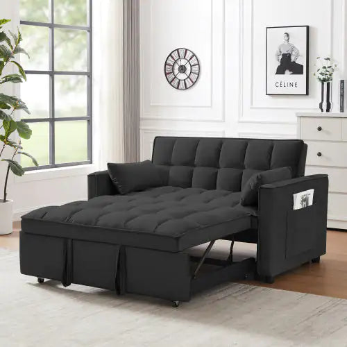 Modern Velvet Loveseat Futon Sofa Couch W  Pullout Bed,Small Love Seat Lounge Sofa W Reclining Backrest,Toss Pillows, Pockets,Furniture For Living Room,3 In 1 Convertible Sleeper Sofa Bed, Black