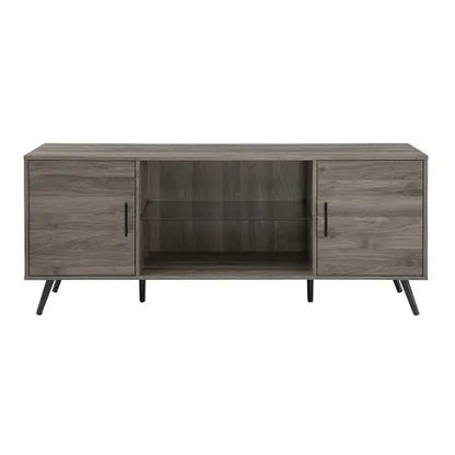 Mid-Century Modern 2-Door TV Stand For TVs With Glass Shelf - Slate Grey