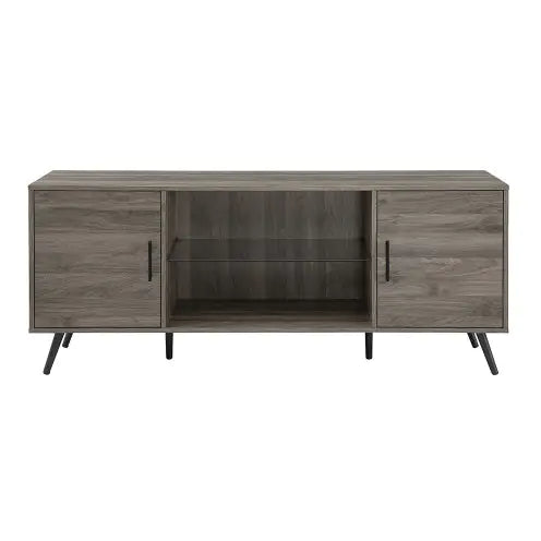 Mid-Century Modern 2-Door TV Stand For TVs With Glass Shelf - Slate Grey