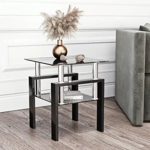 1-Piece Modern Tempered Glass Tea Table Coffee Table End Table, Square Table For Living Room, Black