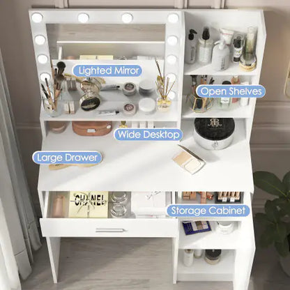 Vanity Desk With Mirror Light, Three Level Storage Dresser
