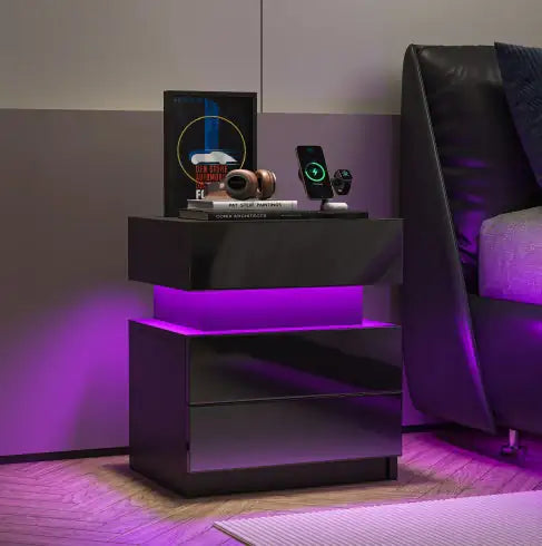NEW LED Nightstand Modern Black Nightstand With Led Lights