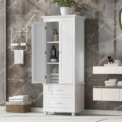 High Storage Cabinet With Two Drawers, White