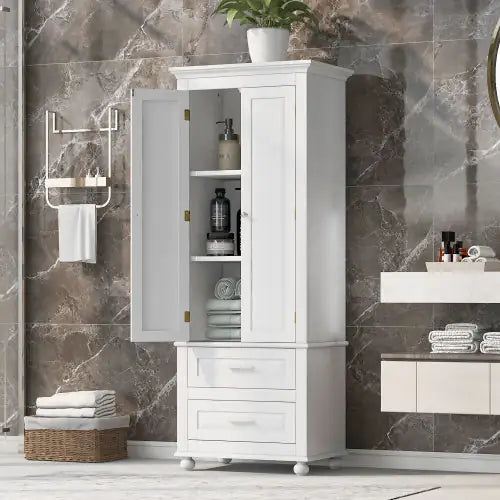 High Storage Cabinet With Two Drawers, White