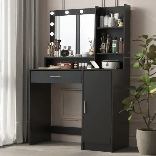 Vanity Desk With Mirror Light, Three Level Storage Dresser