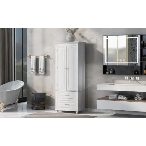 High Storage Cabinet With Two Drawers, White