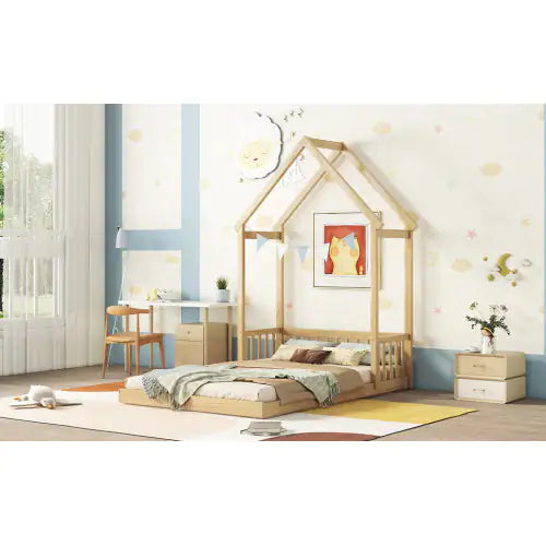 Full Roof-framed Headboard Floor Bed With Headboard Guardrails