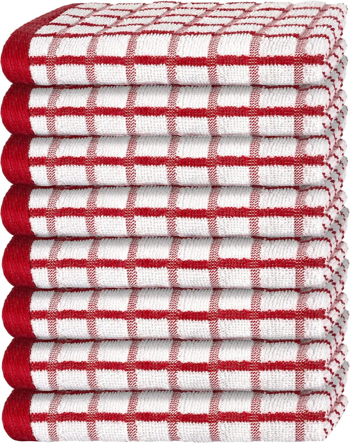 Premium Dish Towels with Hanging Loop 8 Pack 16x26 inch Red Color