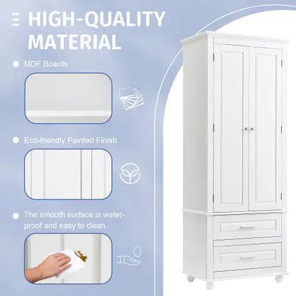 High Storage Cabinet With Two Drawers, White
