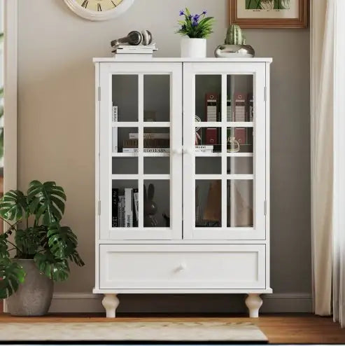 Minimalist White Buffet Cabinet With Double Glass Doors And Drawer