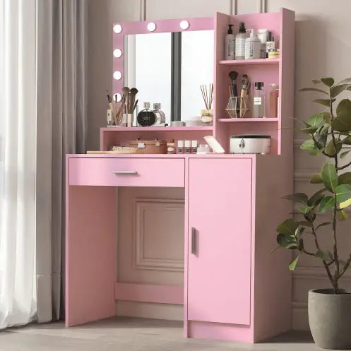 Vanity Desk With Mirror Light, Three Level Storage Dresser