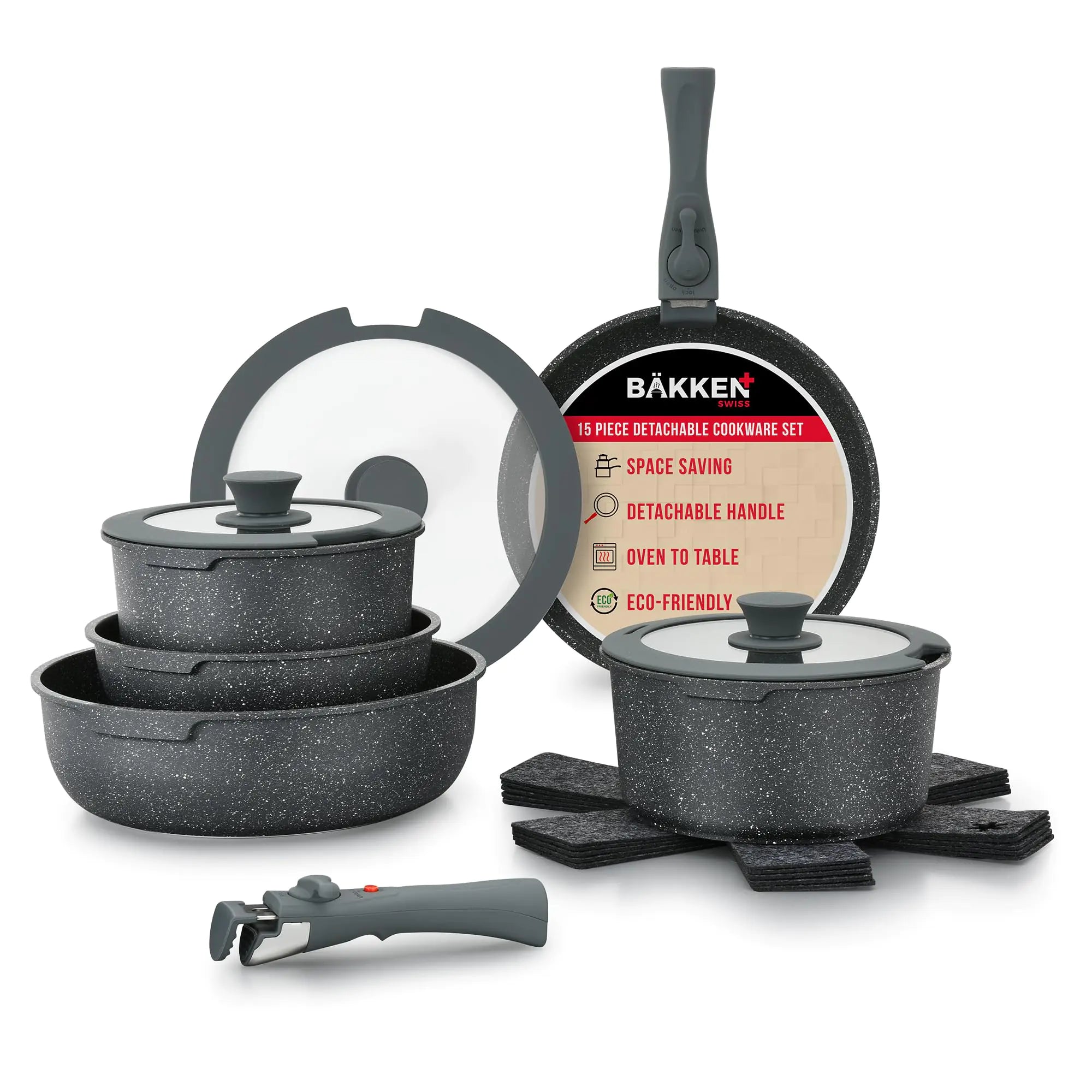 Bakken 15-Piece Non-Stick Cookware Set with Detachable Handles